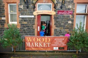 Peebles Wood Market entrance to hall with banner outside